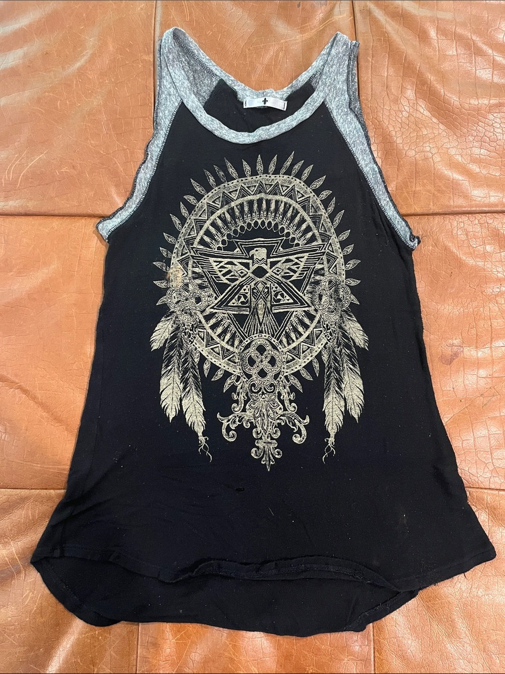 Planet Blue Black Tank with Metallic Gold Feather Mandala